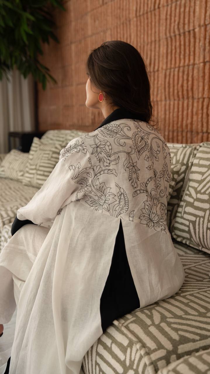 White linen blazer abaya with embroidery. C:412