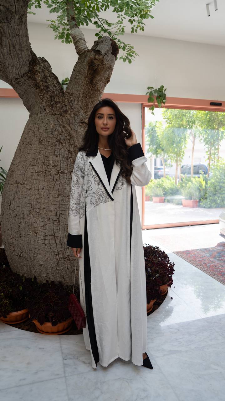 White linen blazer abaya with embroidery. C:412