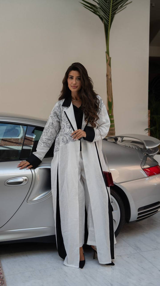 White linen blazer abaya with embroidery. C:412