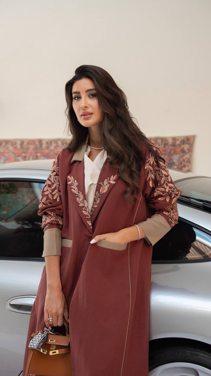 Burgundy linen blazer abaya with embroidery.C:413