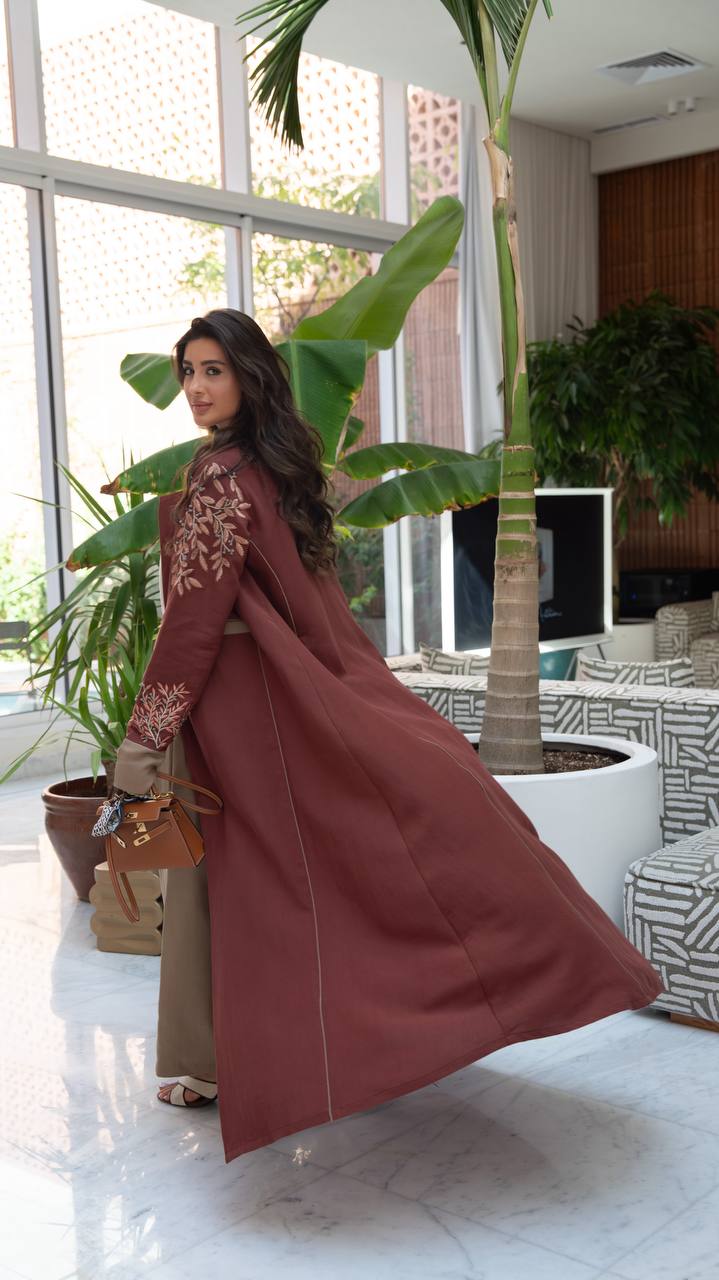 Burgundy linen blazer abaya with embroidery.C:413