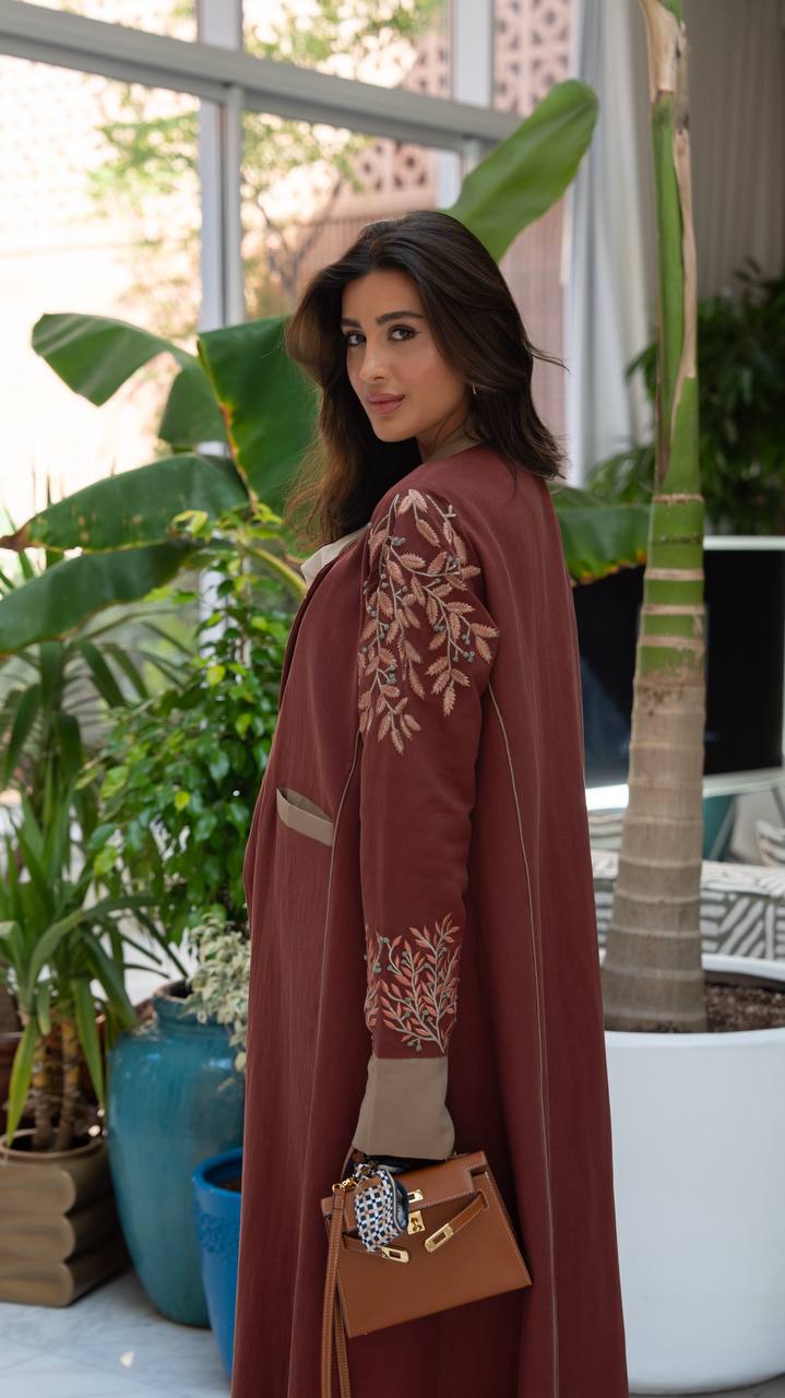 Burgundy linen blazer abaya with embroidery.C:413