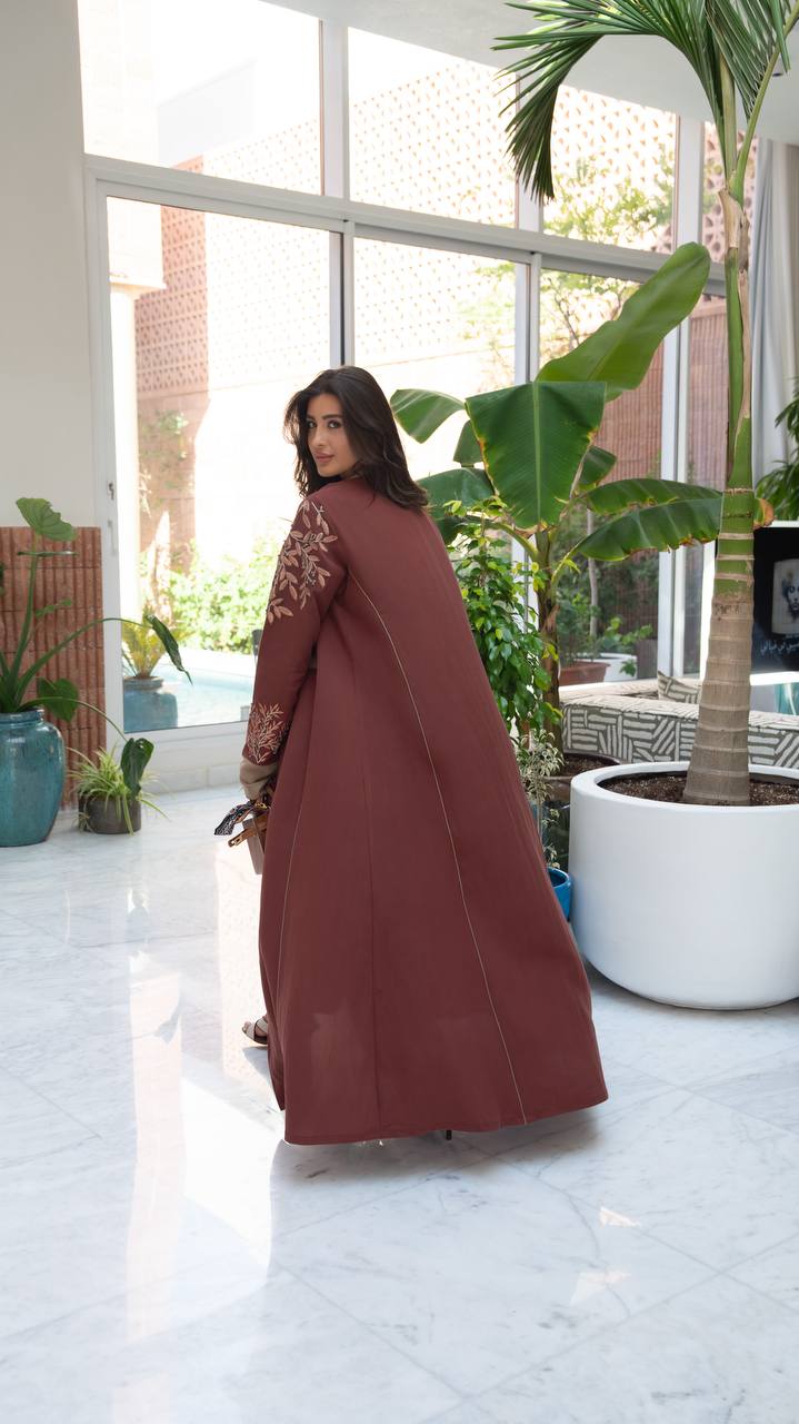 Burgundy linen blazer abaya with embroidery.C:413