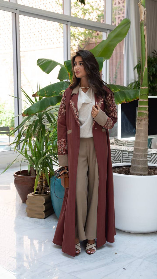 Burgundy linen blazer abaya with embroidery.C:413