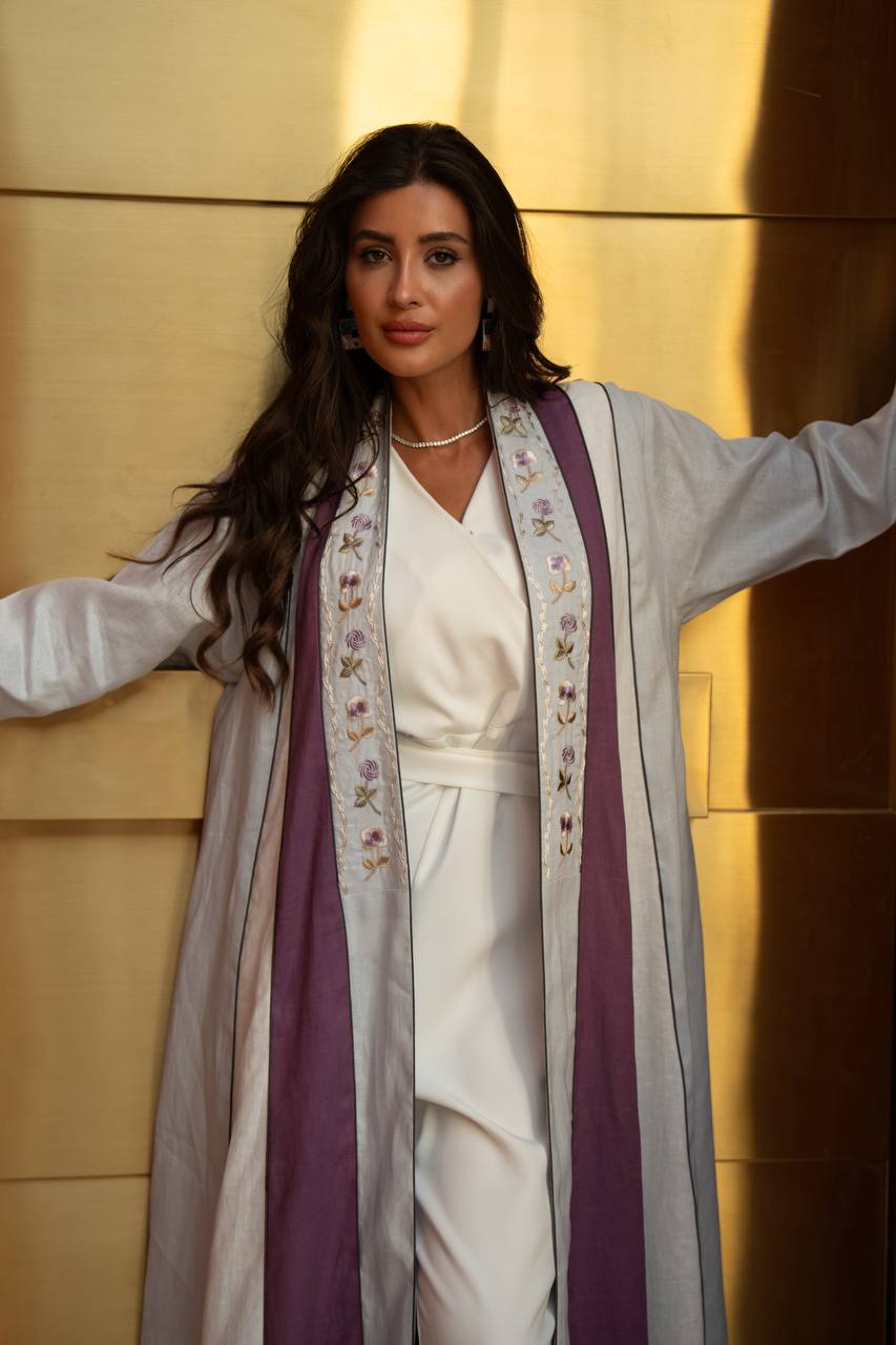 Beige linen abaya with embroidery.C:414