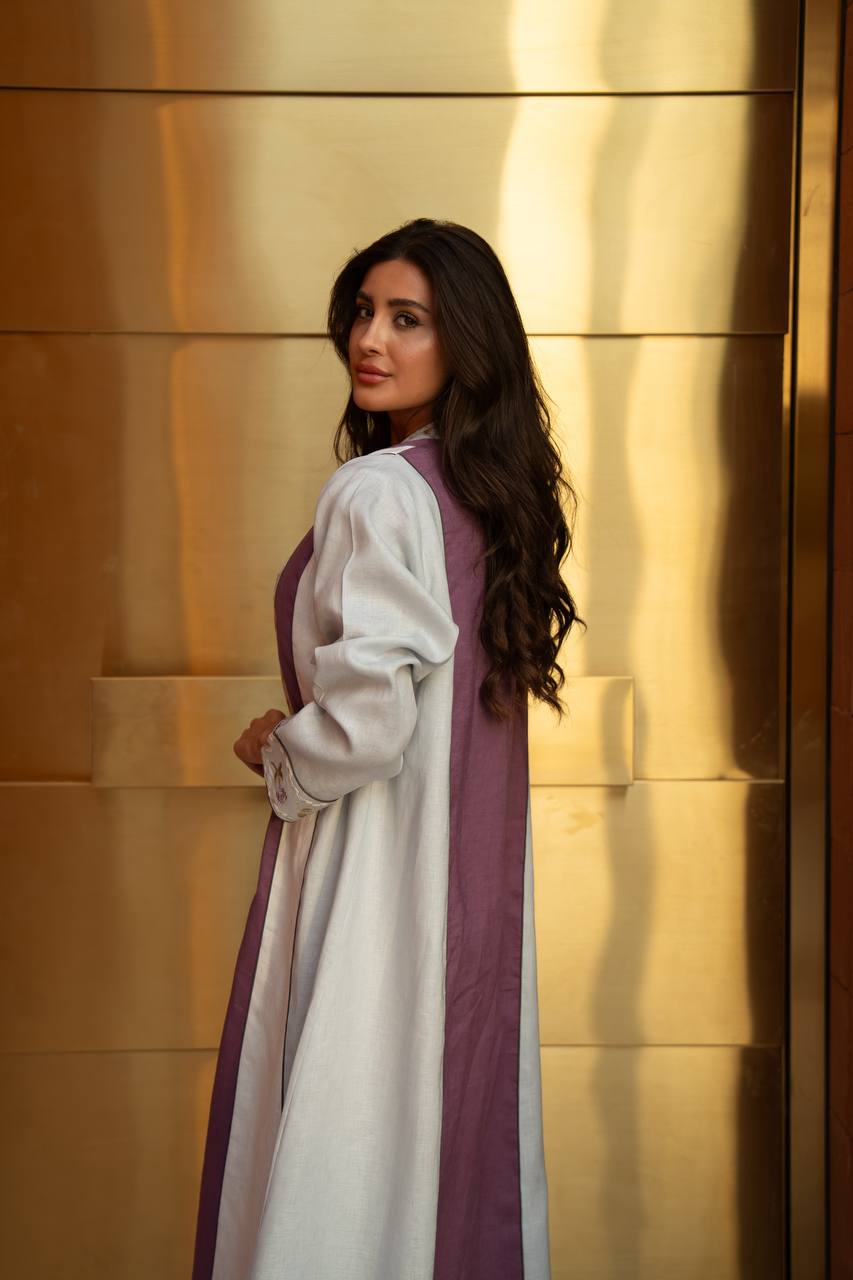 Beige linen abaya with embroidery.C:414