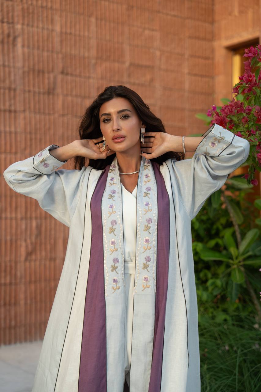 Beige linen abaya with embroidery.C:414
