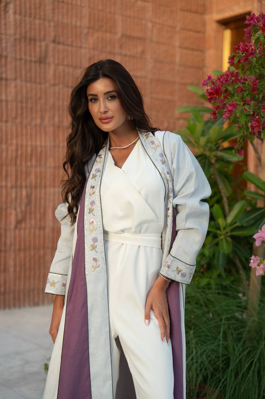 Beige linen abaya with embroidery.C:414