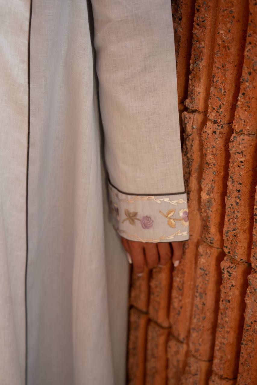 Beige linen abaya with embroidery.C:414