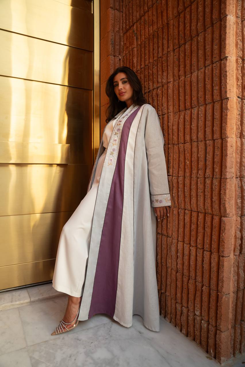 Beige linen abaya with embroidery.C:414