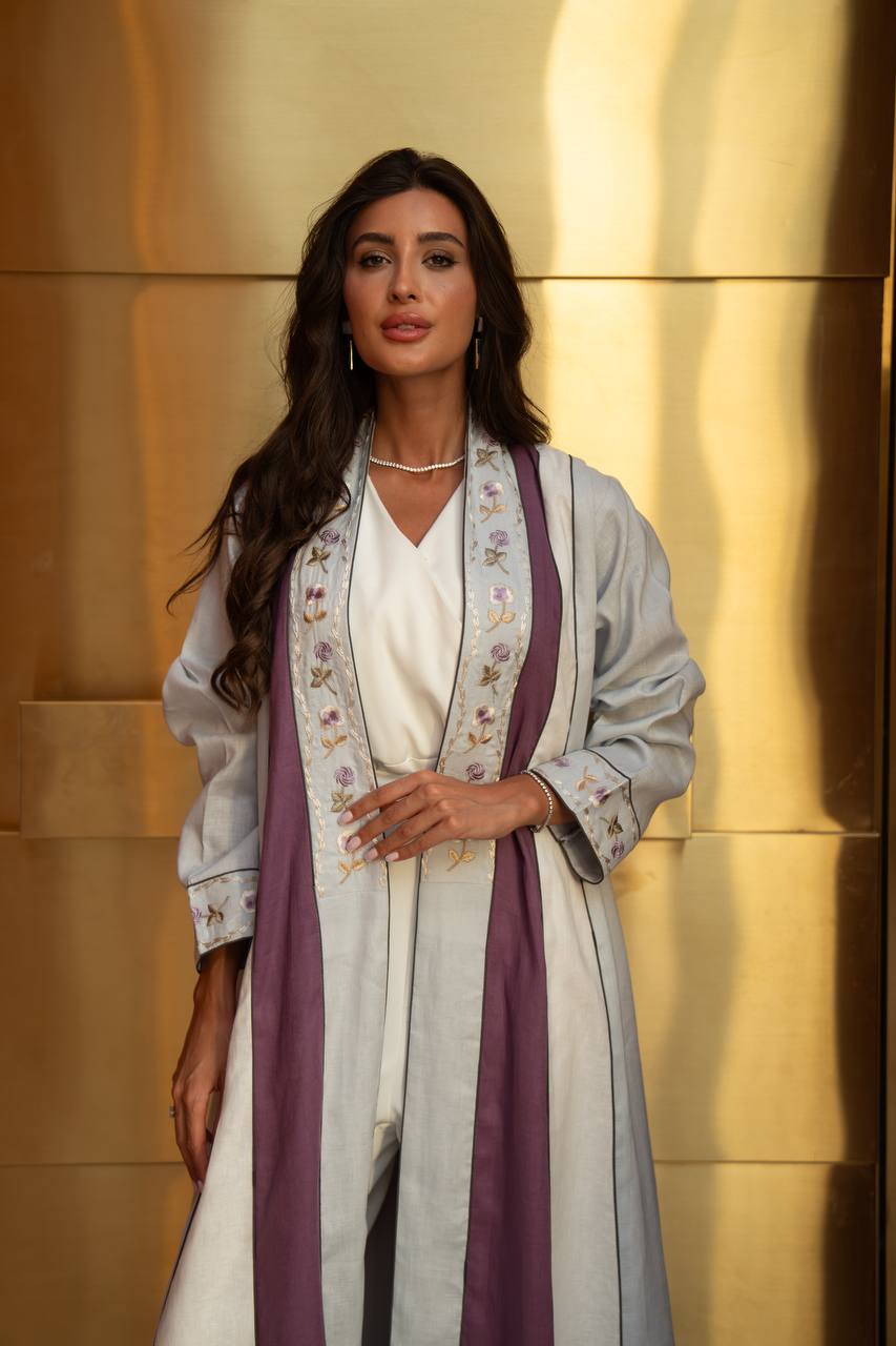 Beige linen abaya with embroidery.C:414