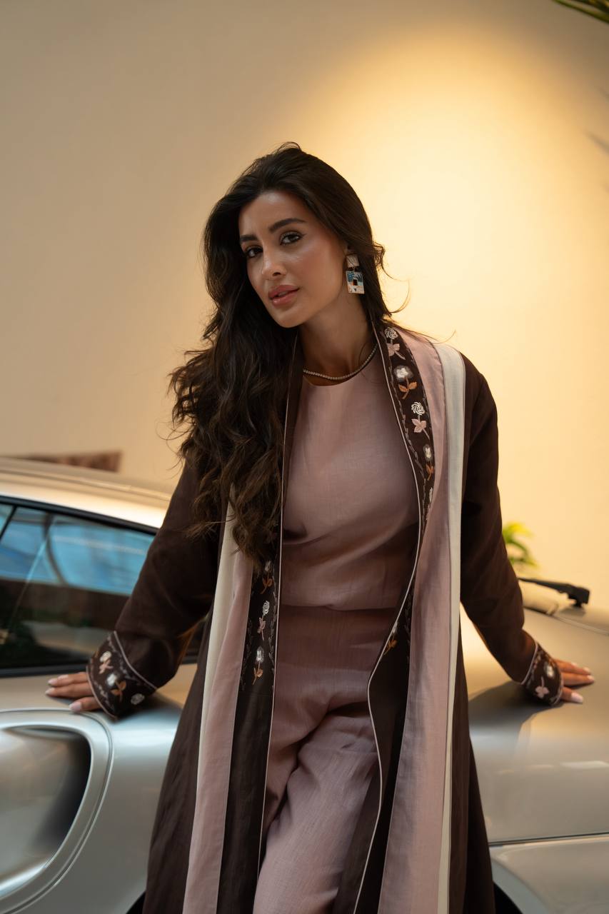 Linen abaya in brown with embroidery. C:415