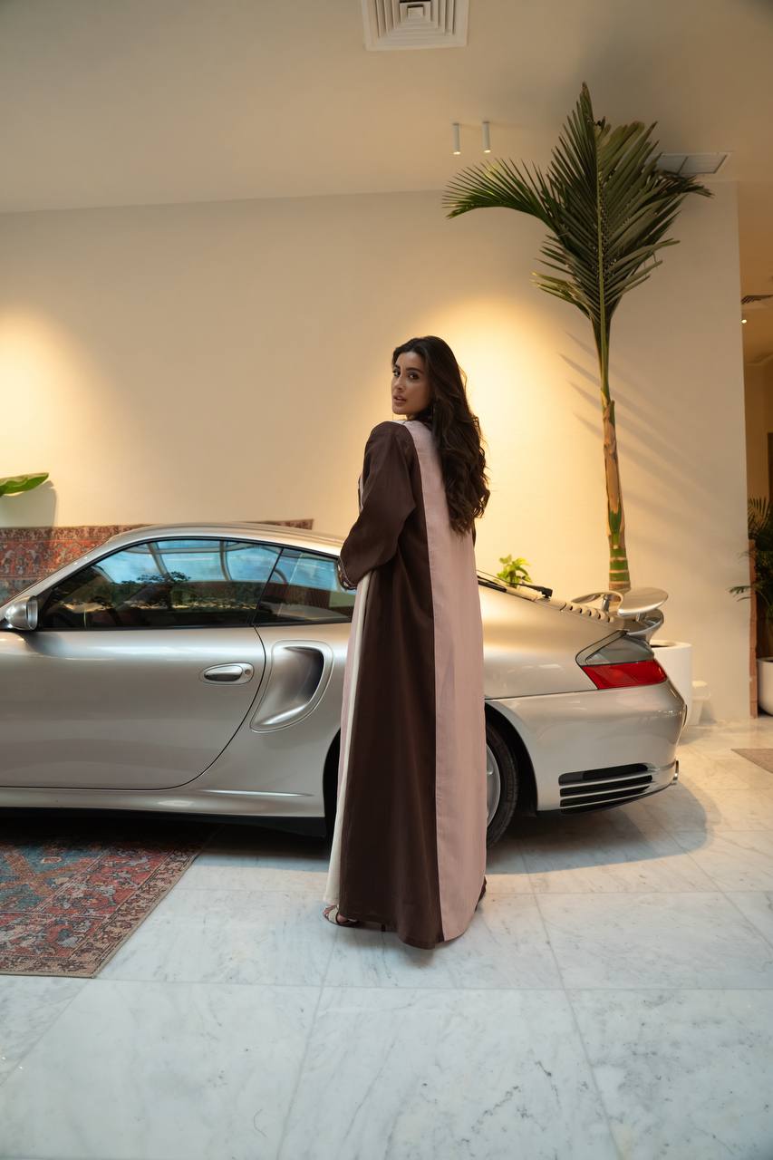 Linen abaya in brown with embroidery. C:415