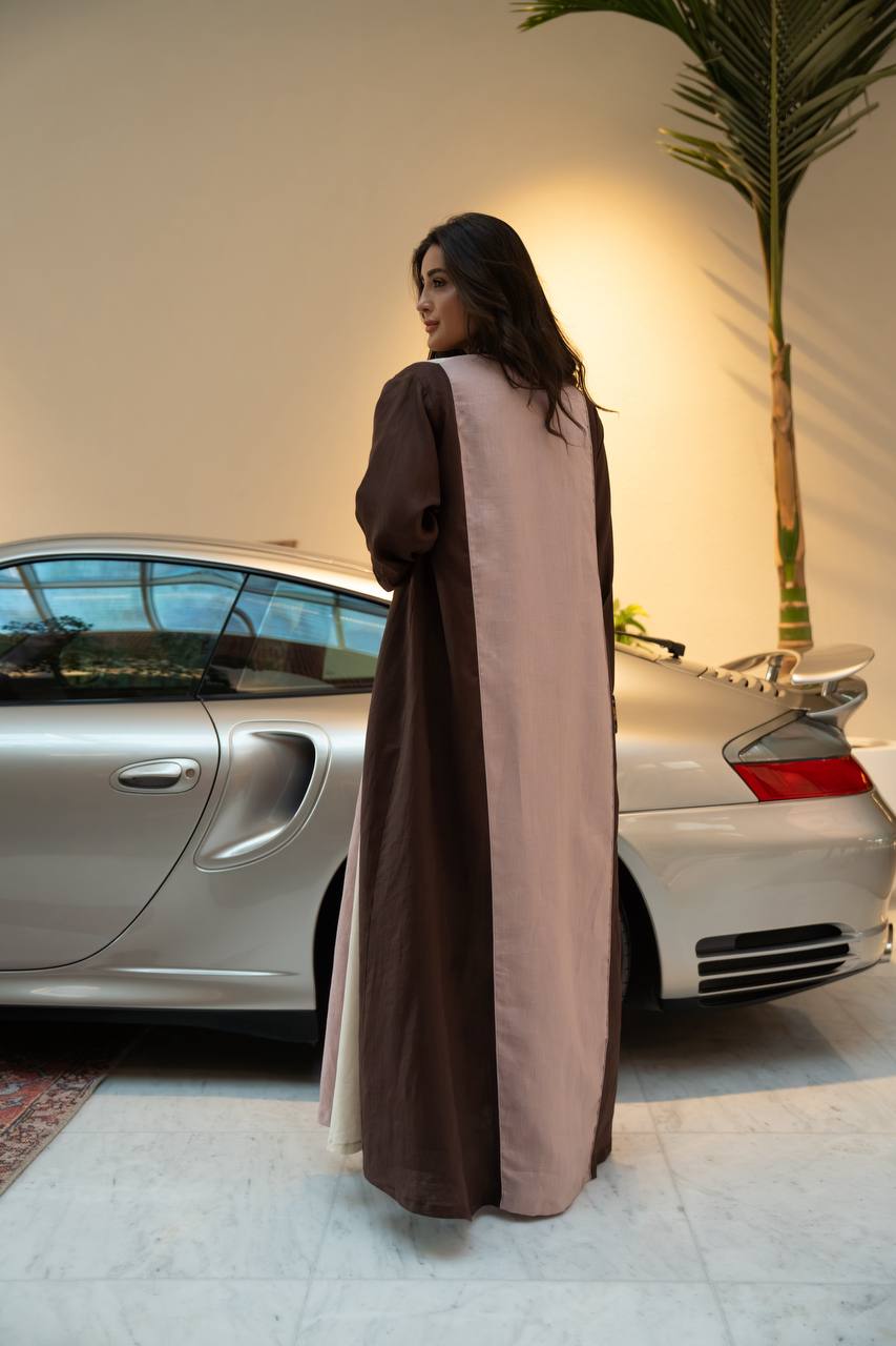Linen abaya in brown with embroidery. C:415