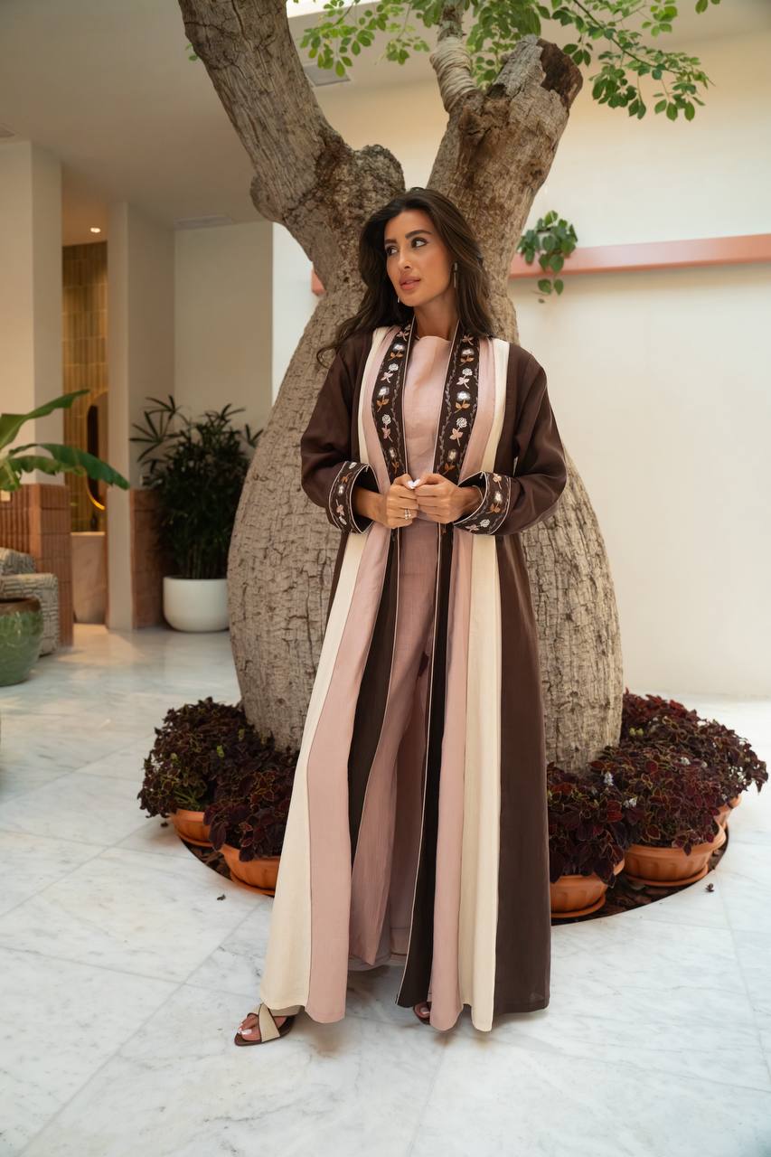 Linen abaya in brown with embroidery. C:415