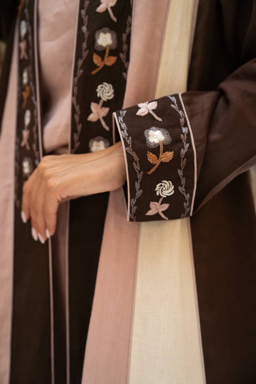 Linen abaya in brown with embroidery. C:415