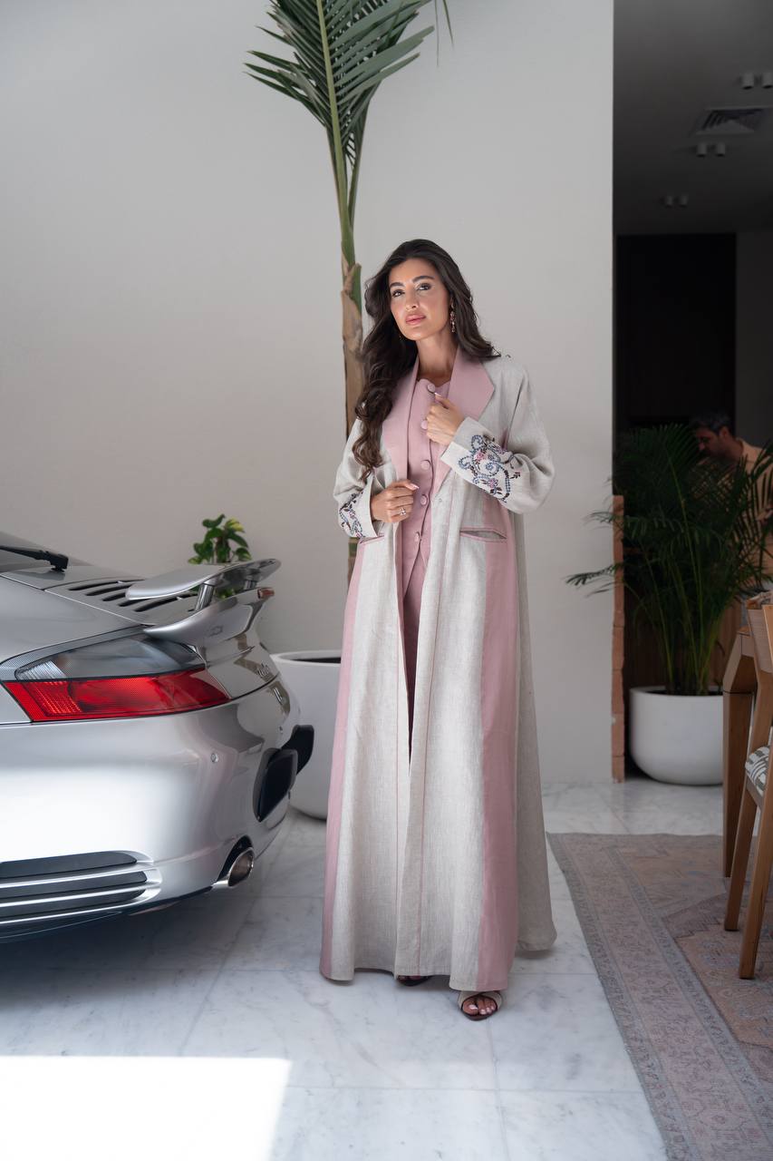 Beige linen blazer abaya with embroidery.C:416