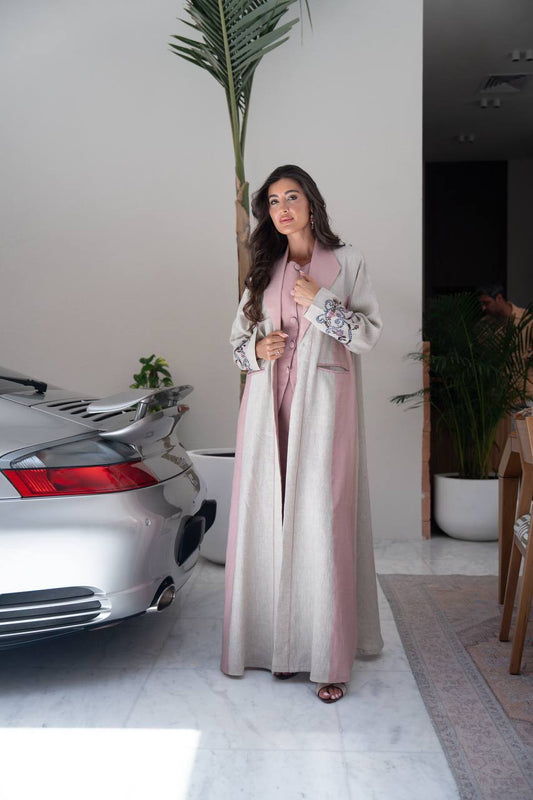 Beige linen blazer abaya with embroidery.C:416