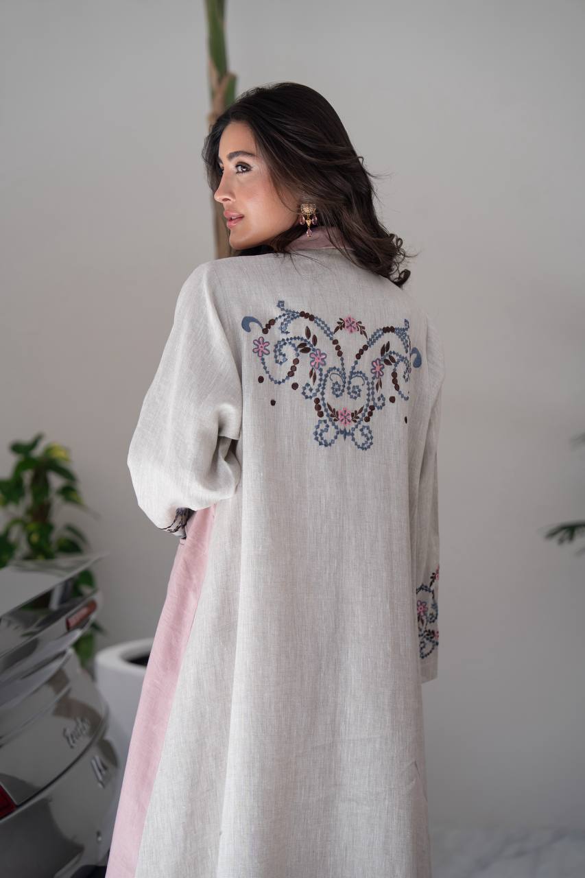 Beige linen blazer abaya with embroidery.C:416