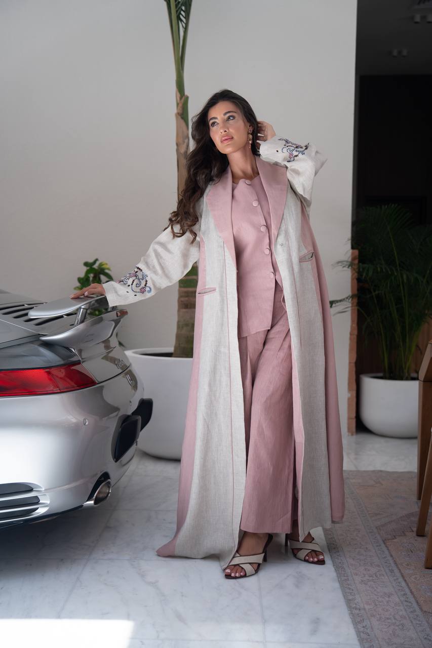 Beige linen blazer abaya with embroidery.C:416