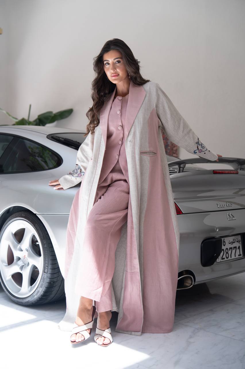 Beige linen blazer abaya with embroidery.C:416