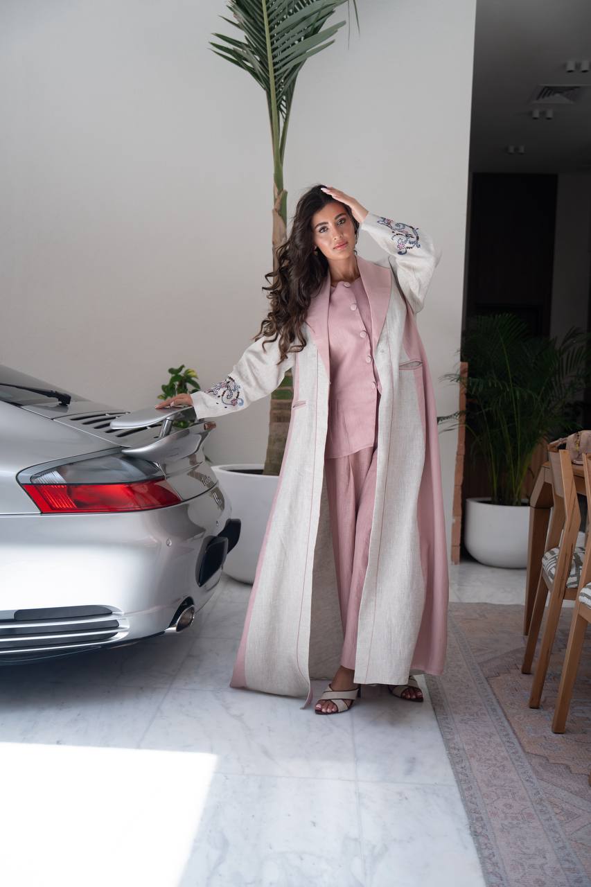 Beige linen blazer abaya with embroidery.C:416