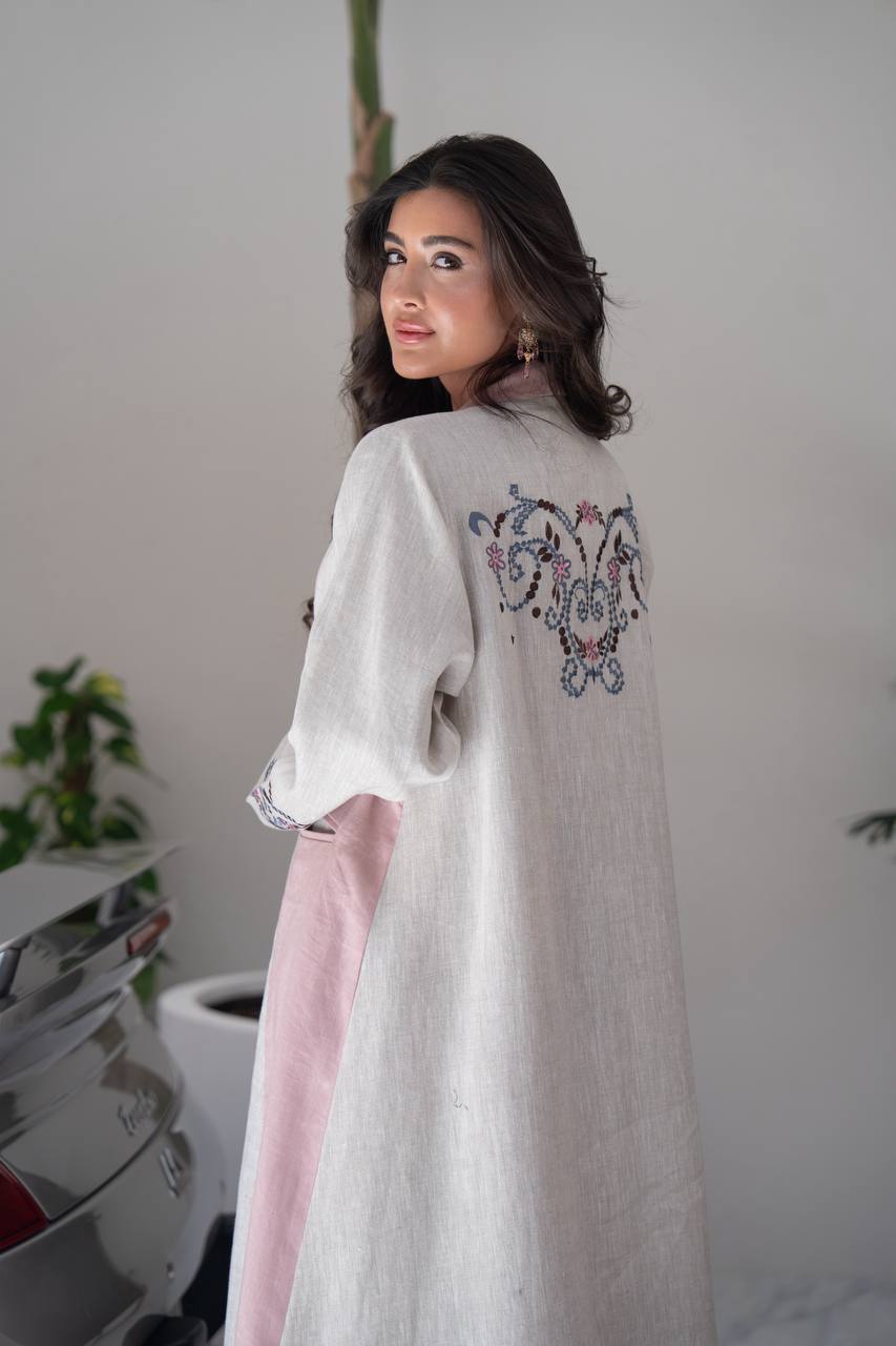 Beige linen blazer abaya with embroidery.C:416