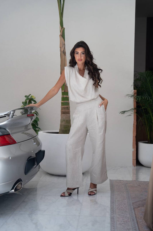 Beige linen blouse and pants set.C:1110