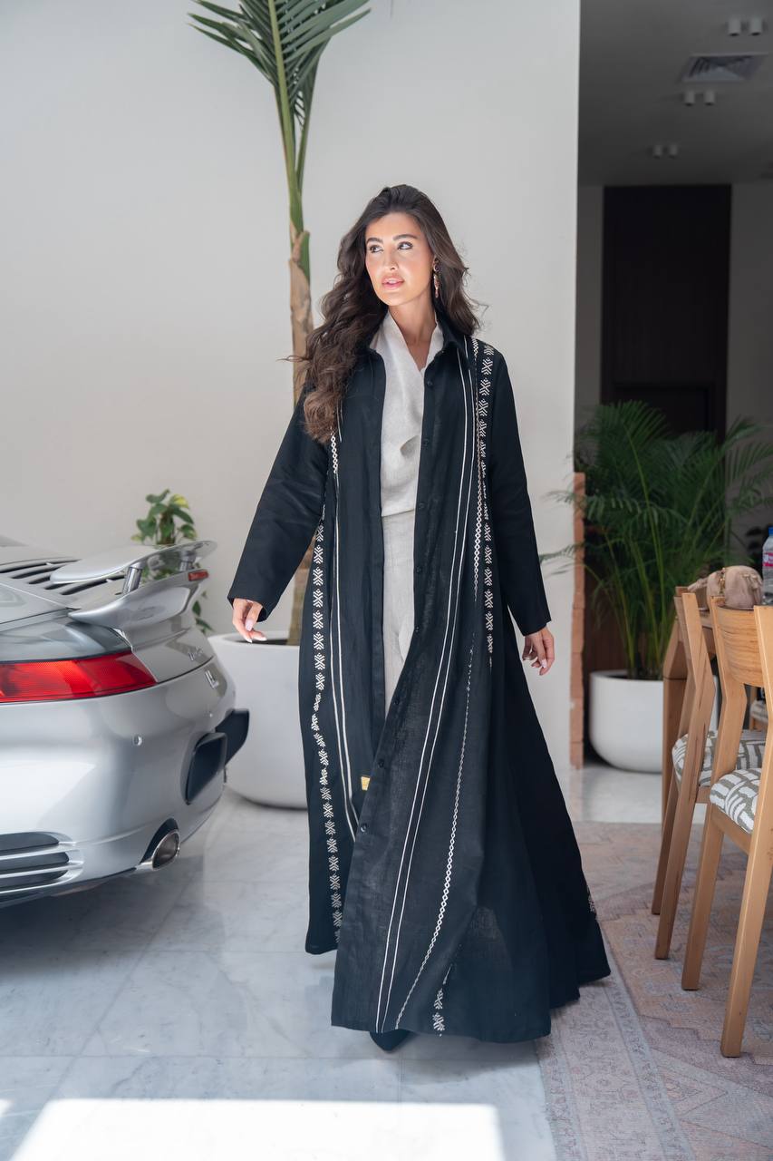Linen abaya in black.C:418