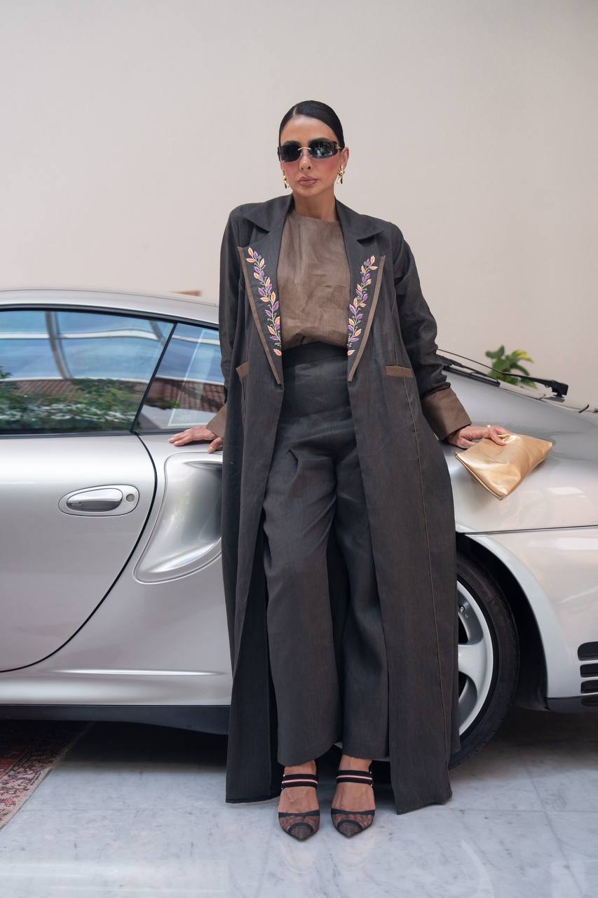 Black linen blazer abaya with embroidery.C:426