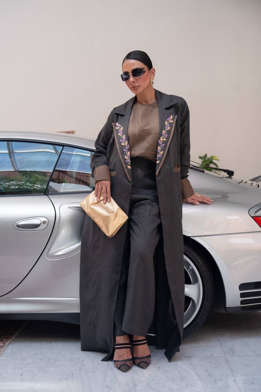Black linen blazer abaya with embroidery.C:426