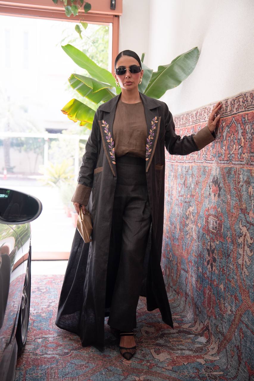 Black linen blazer abaya with embroidery.C:426