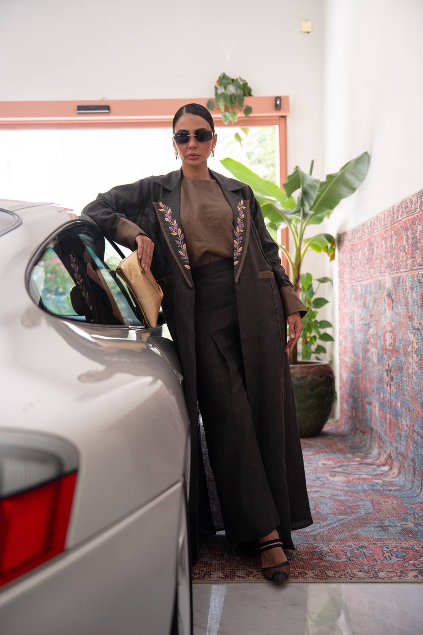 Black linen blazer abaya with embroidery.C:426