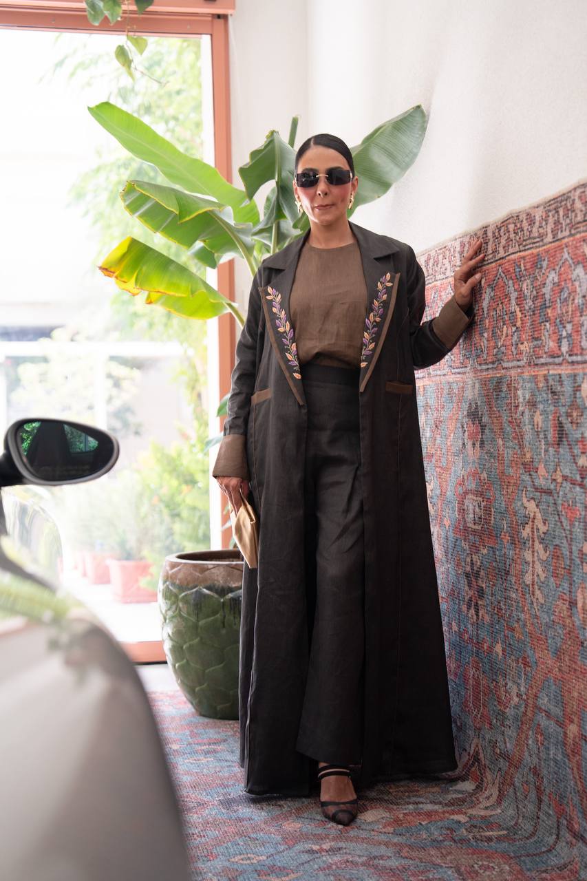 Black linen blazer abaya with embroidery.C:426
