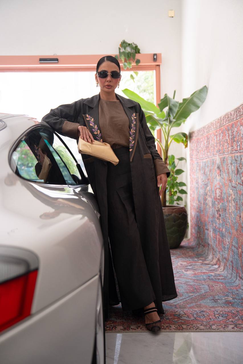 Black linen blazer abaya with embroidery.C:426