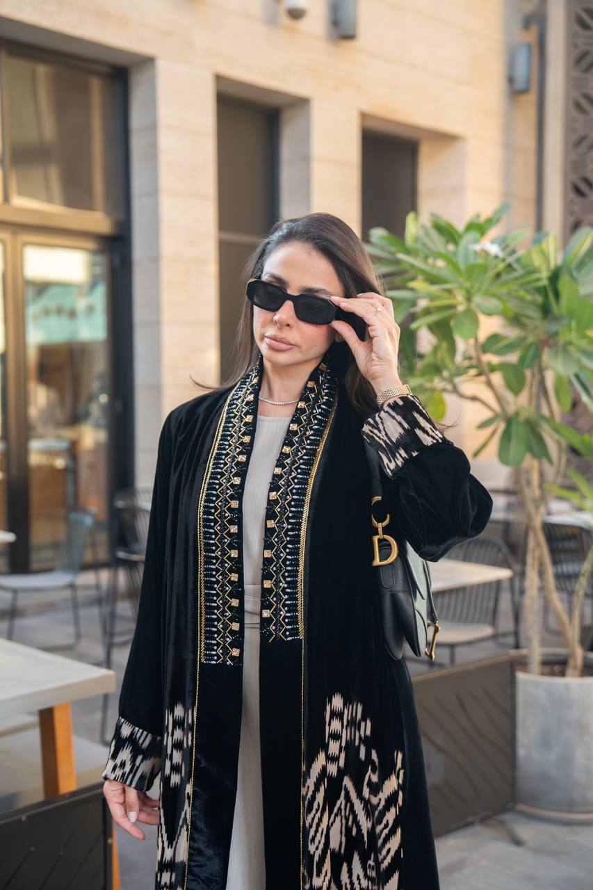 Black velvet abaya with hand embroidery. C:IB359