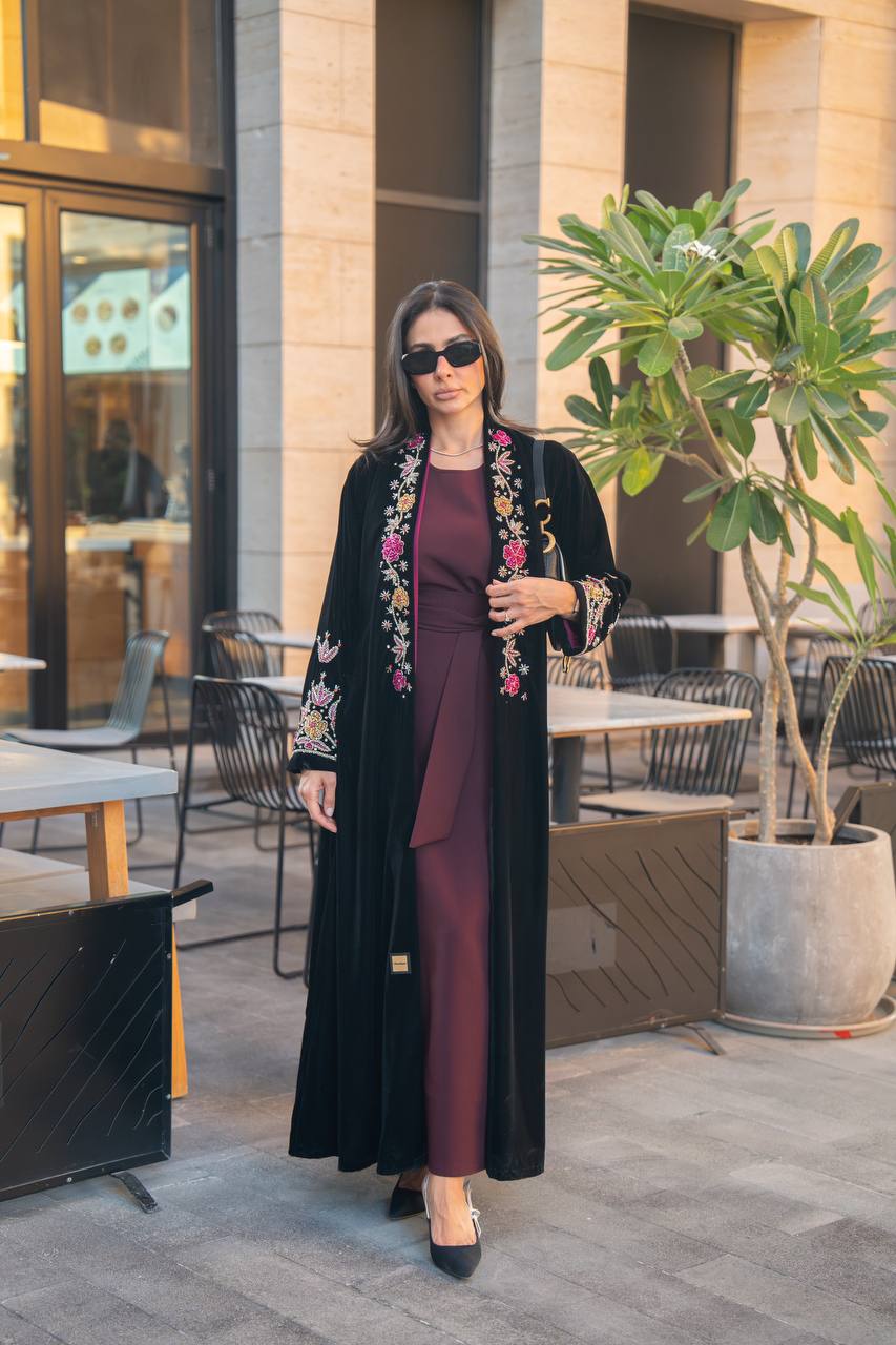 Black velvet abaya with hand embroidery. C:IB360