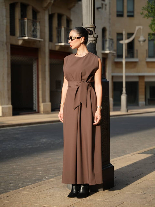 فستان كريب باللون البني . C:IB1098 