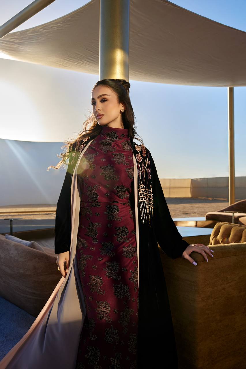 Abaya with dress, black velvet with hand embroidery.C:372