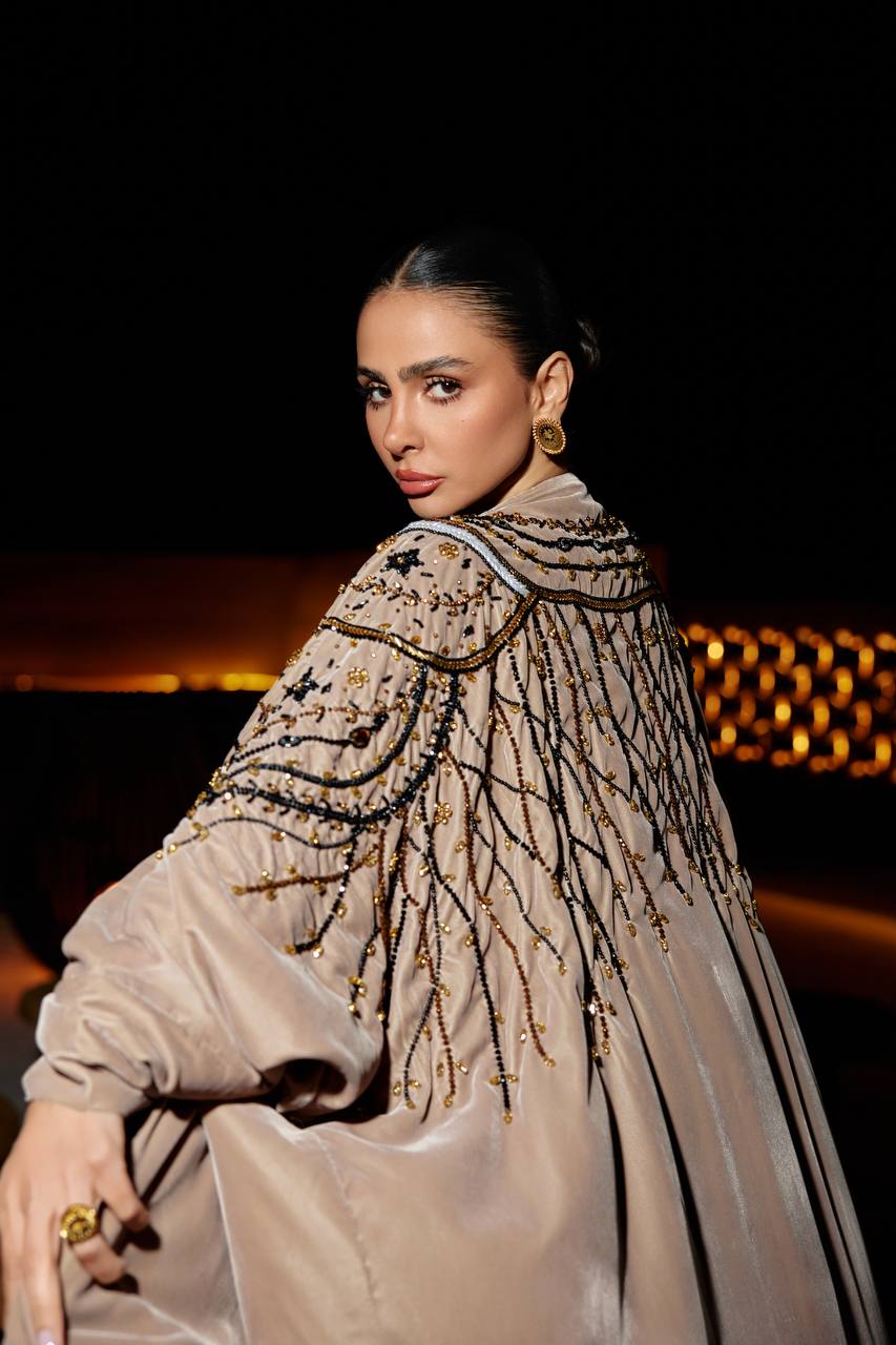 Bisht and dress set, light brown velvet with hand-beading. C:376