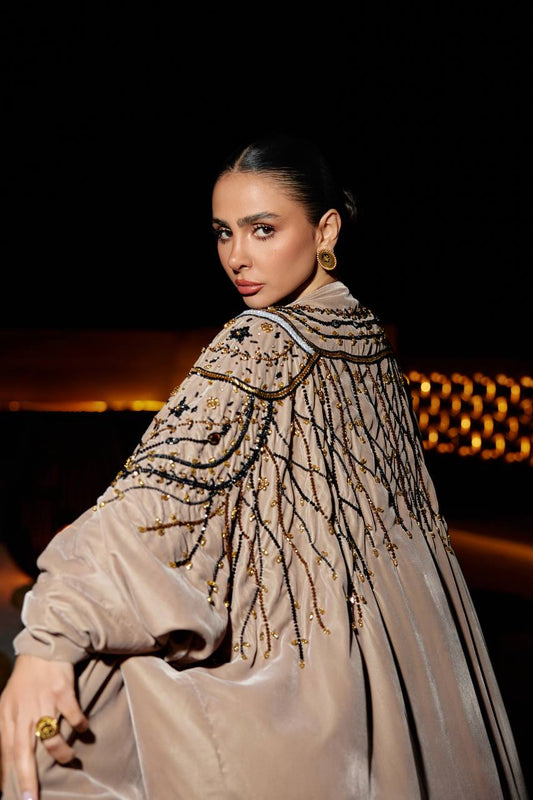 Bisht and dress set, light brown velvet with hand-beading. C:376