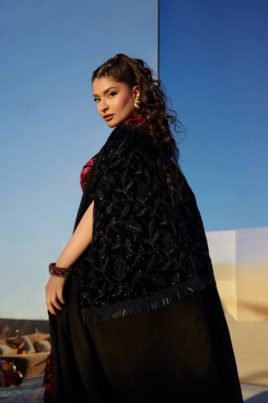 Bisht and dress set, velvet with hand-beading. C:378 Black