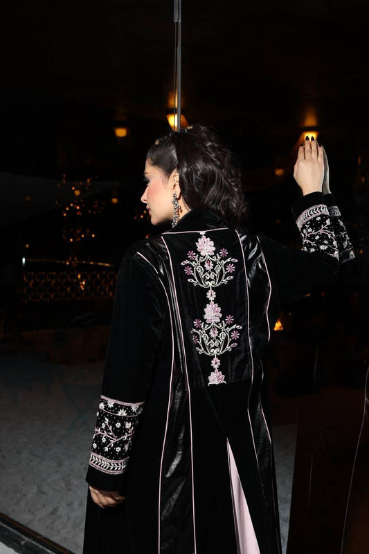 Velvet abaya set with hand embroidery and beading, with dress. C:377