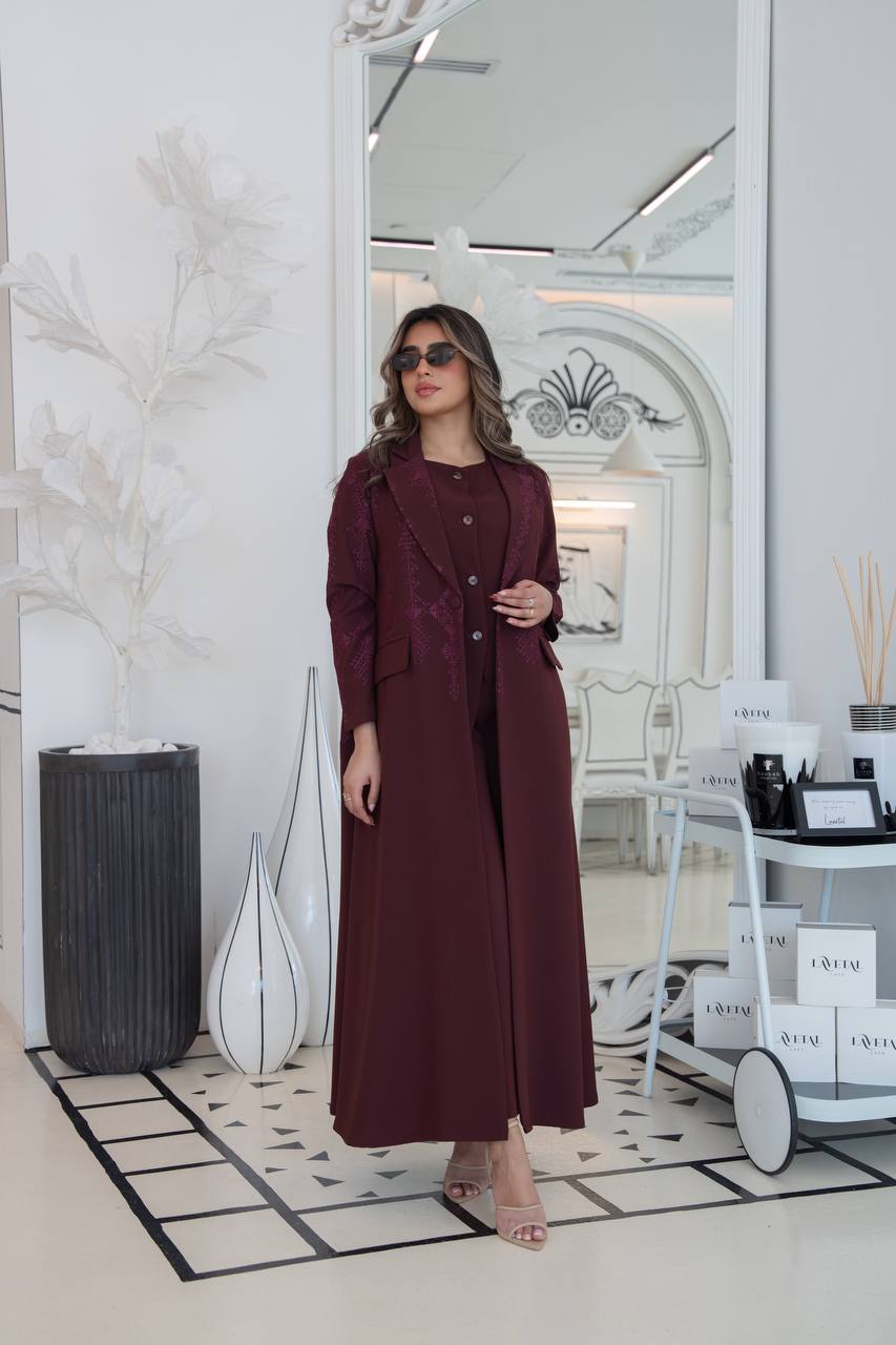 Burgundy crepe blazer abaya with embroidery.C:383