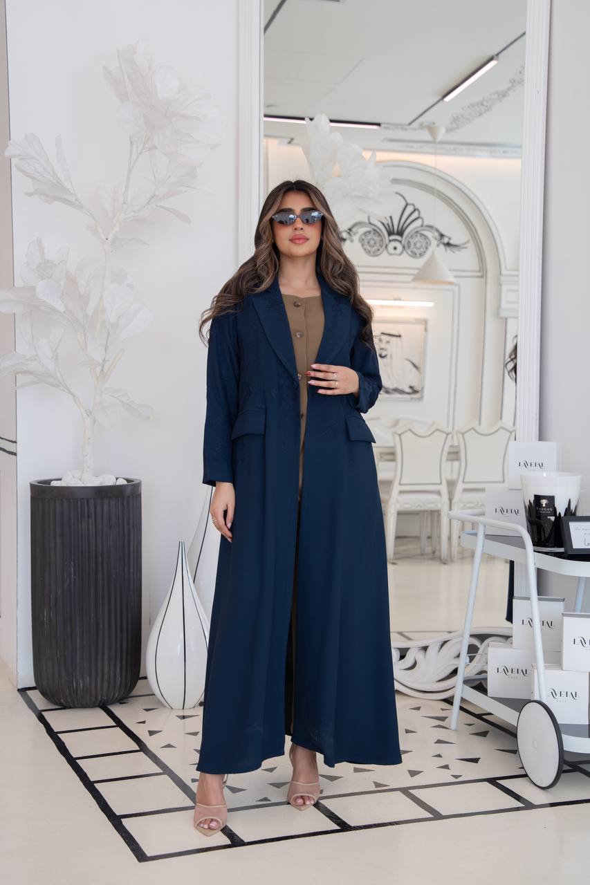 Navy blue crepe blazer abaya with embroidery. C:383 navy