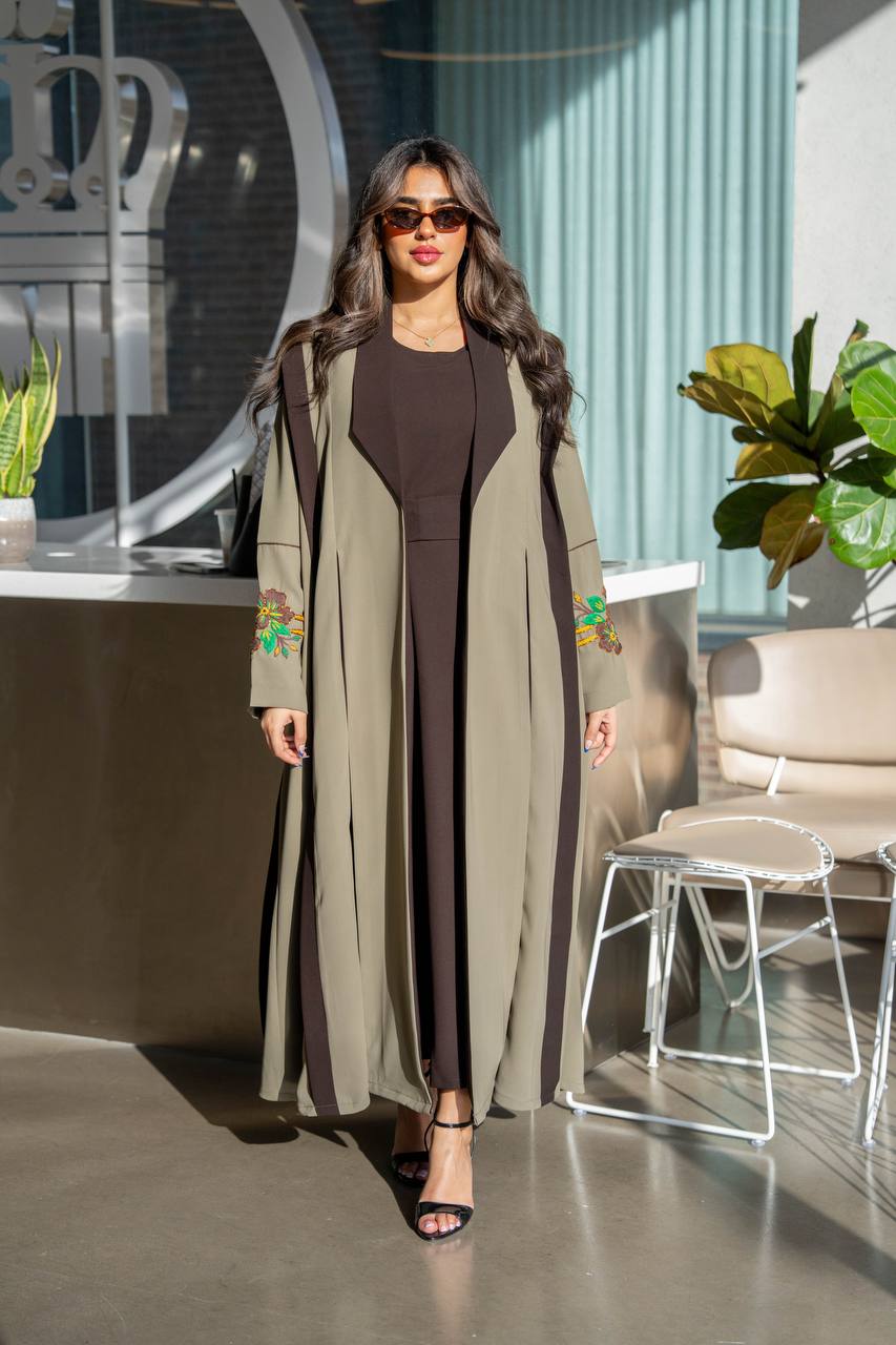 Olive green crepe abaya with hand-stitched details. C:386