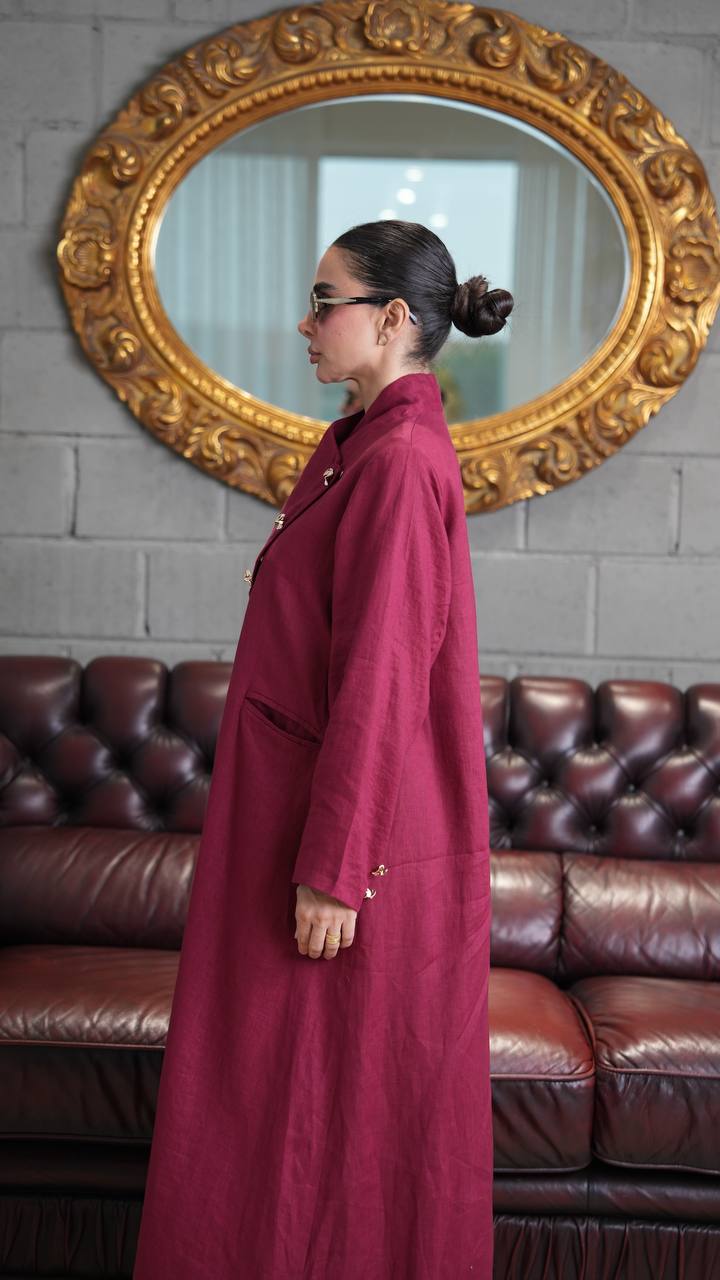 Burgundy linen trench coat. C:393