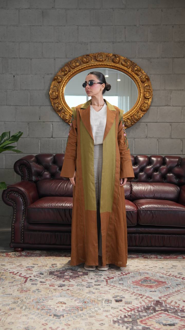 Camel-colored linen blazer abaya with hand-stitched details. C:396