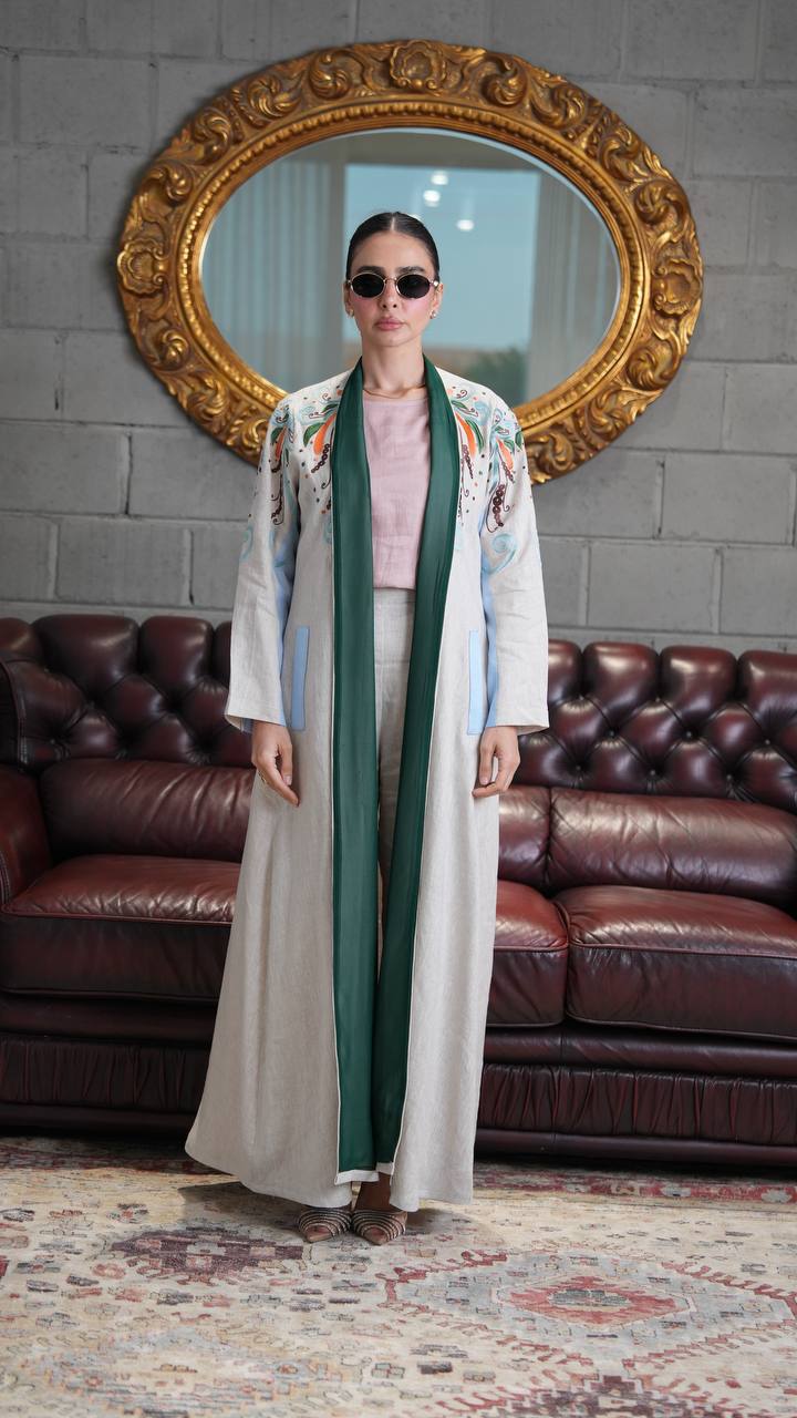 Linen abaya in light beige with embroidery. C:397