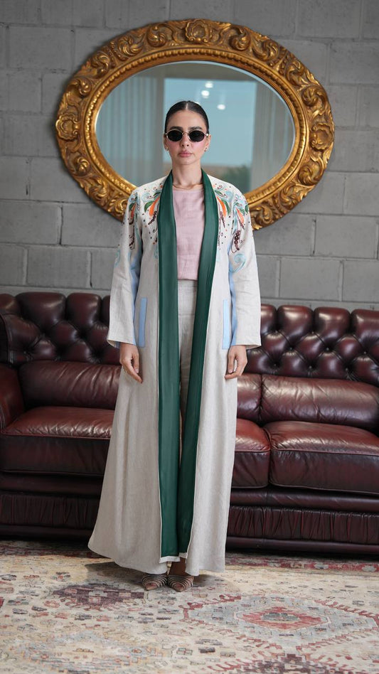 Linen abaya in light beige with embroidery. C:397